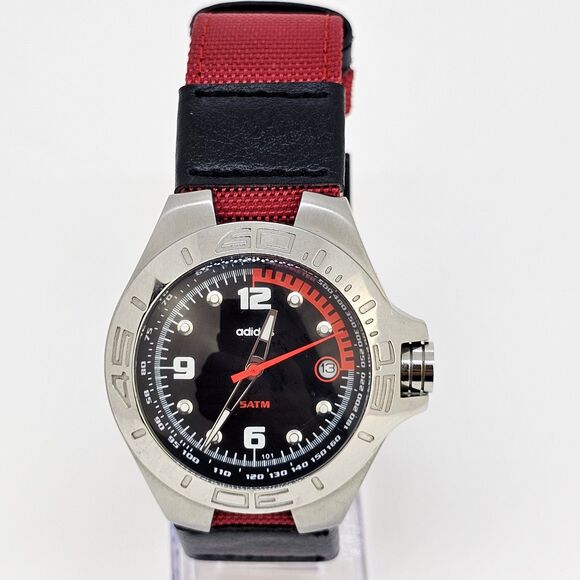 Adidas Men's Watch 40MM Black Dial Date New Red Black Canvas Bands New Battery - Picture 1 of 12